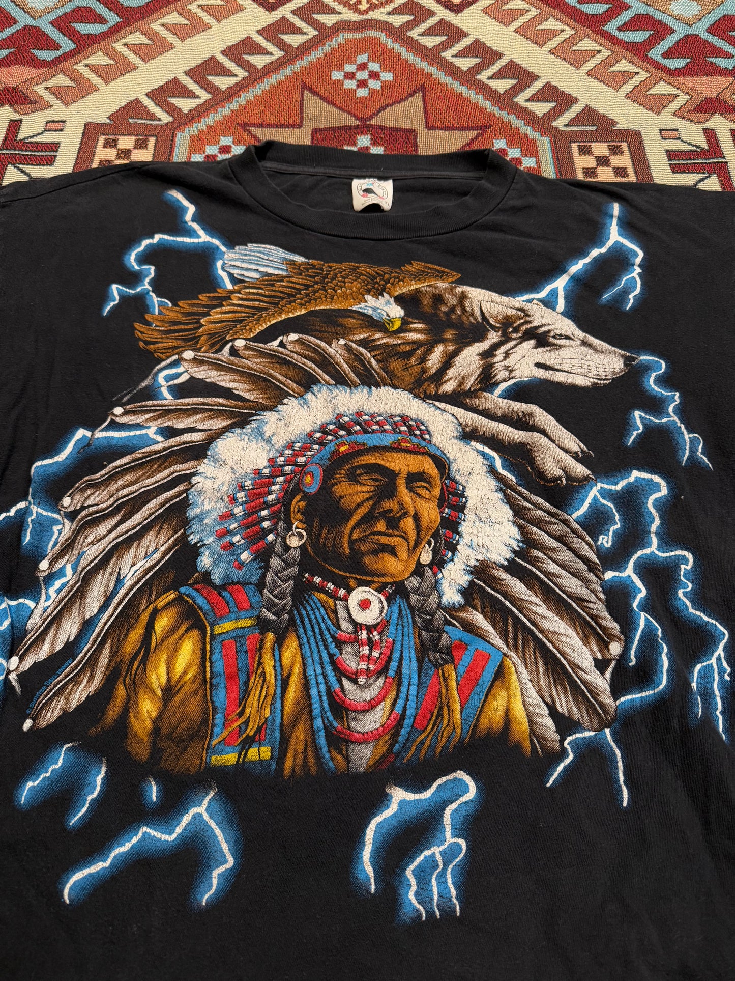 Vintage 90s American Thunder Indian Wolf AOP Tee ( XL )