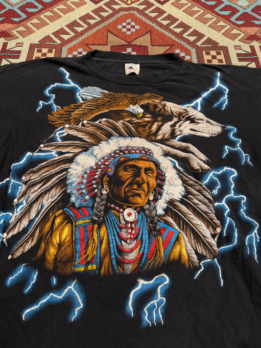 Vintage 90s American Thunder Indian Wolf AOP Tee ( XL )