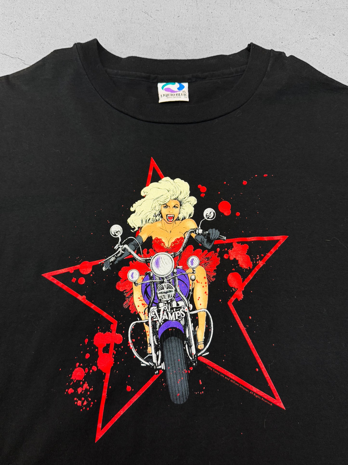 Vintage 90s Liquid Blue “Vamps” Motorcycle Lady Tee ( XL )