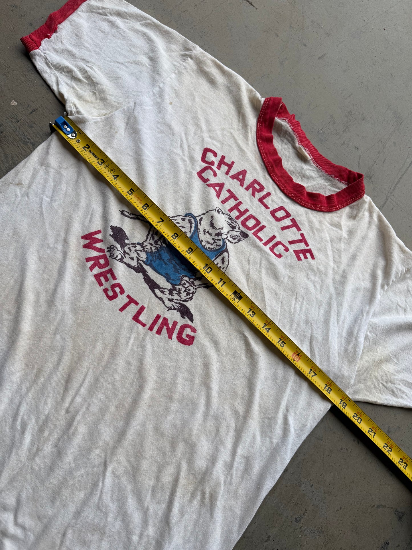 Vintage 70s Charlotte Catholic Wrestling Mascot Ringer Tee ( Medium )