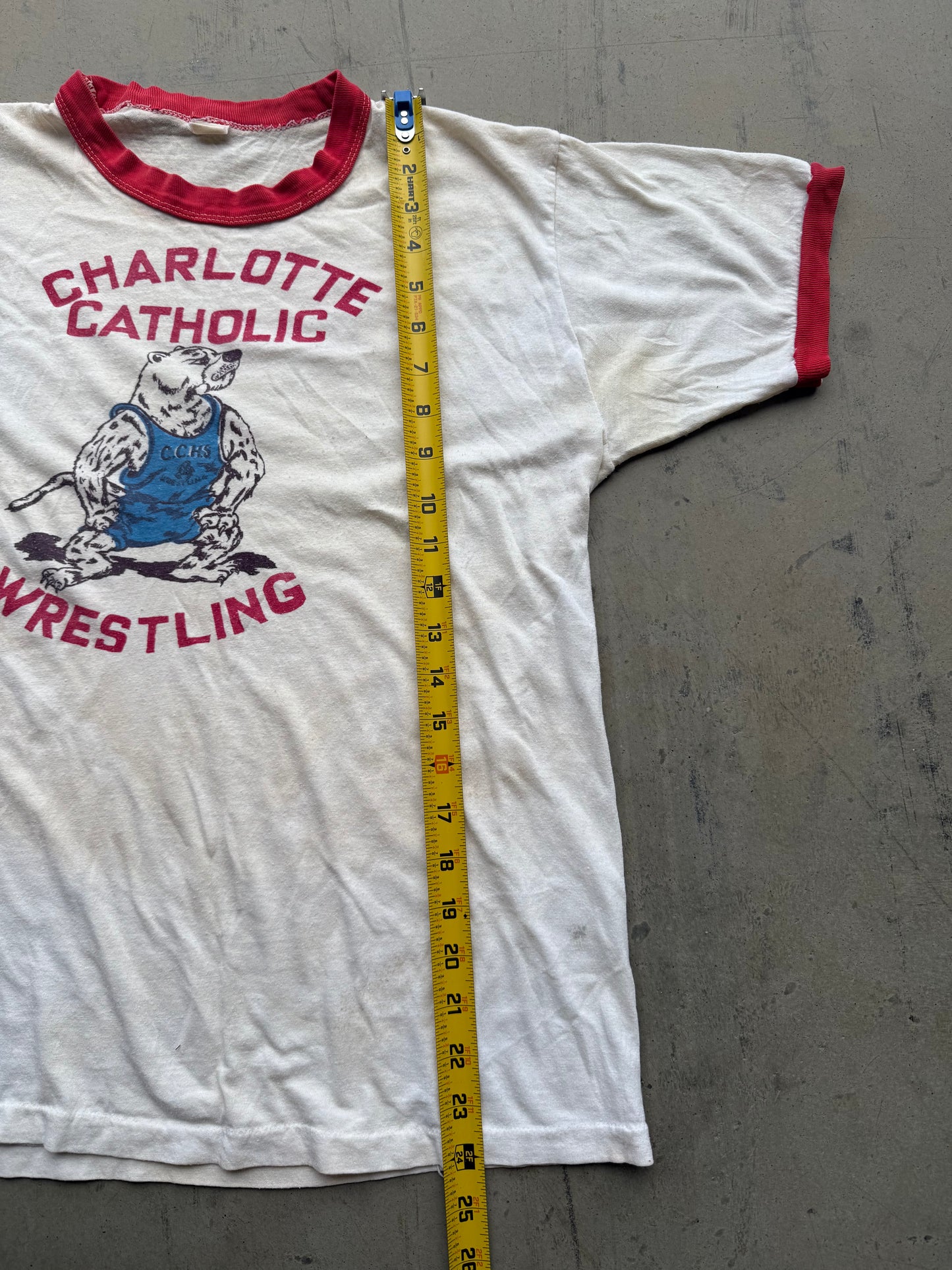 Vintage 70s Charlotte Catholic Wrestling Mascot Ringer Tee ( Medium )