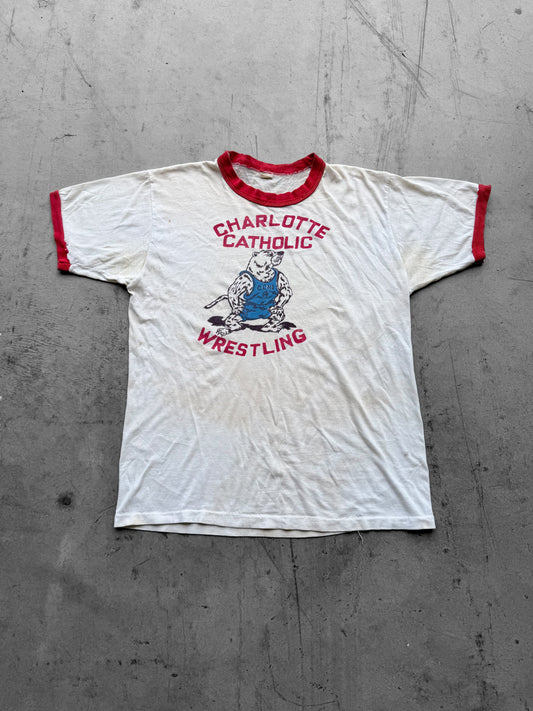 Vintage 70s Charlotte Catholic Wrestling Mascot Ringer Tee ( Medium )