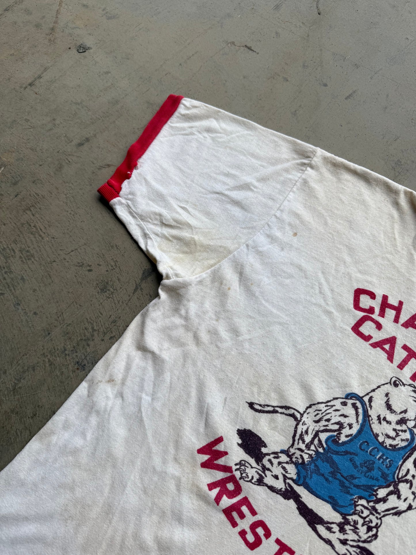 Vintage 70s Charlotte Catholic Wrestling Mascot Ringer Tee ( Medium )