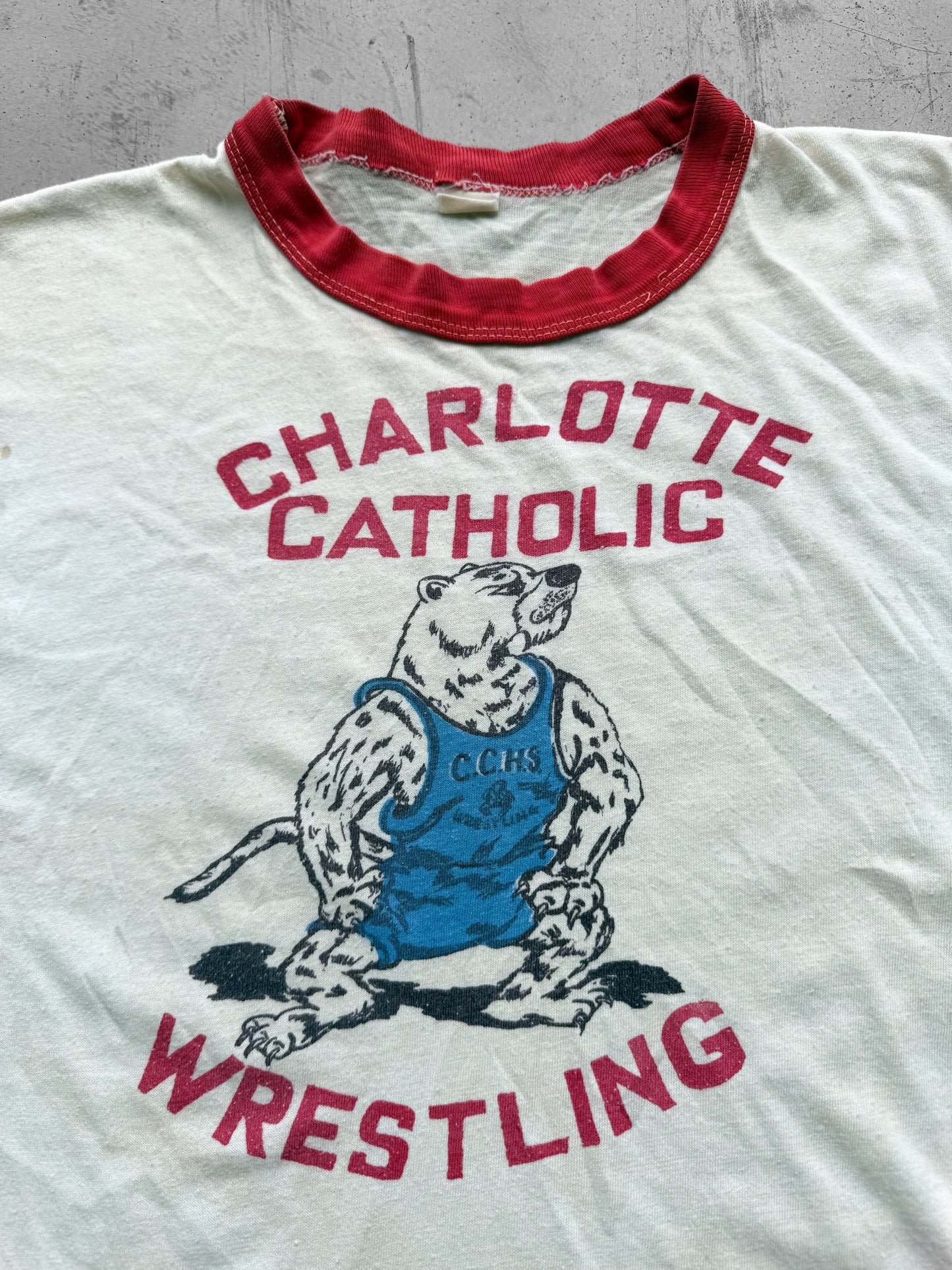 Vintage 70s Charlotte Catholic Wrestling Mascot Ringer Tee ( Medium )
