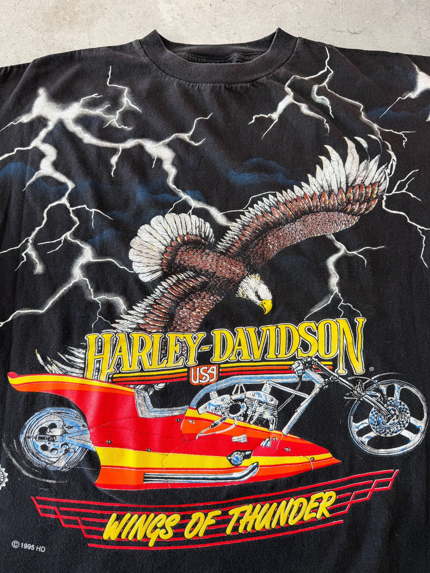 Vintage 1995 Harley Davidson Wings Of Thunder Lightning AOP Tee ( Large )