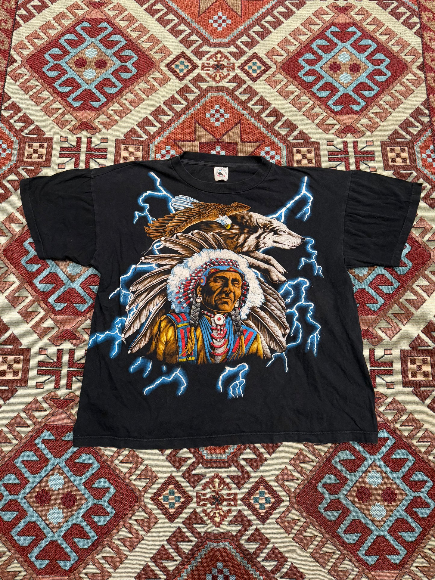 Vintage 90s American Thunder Indian Wolf AOP Tee ( XL )