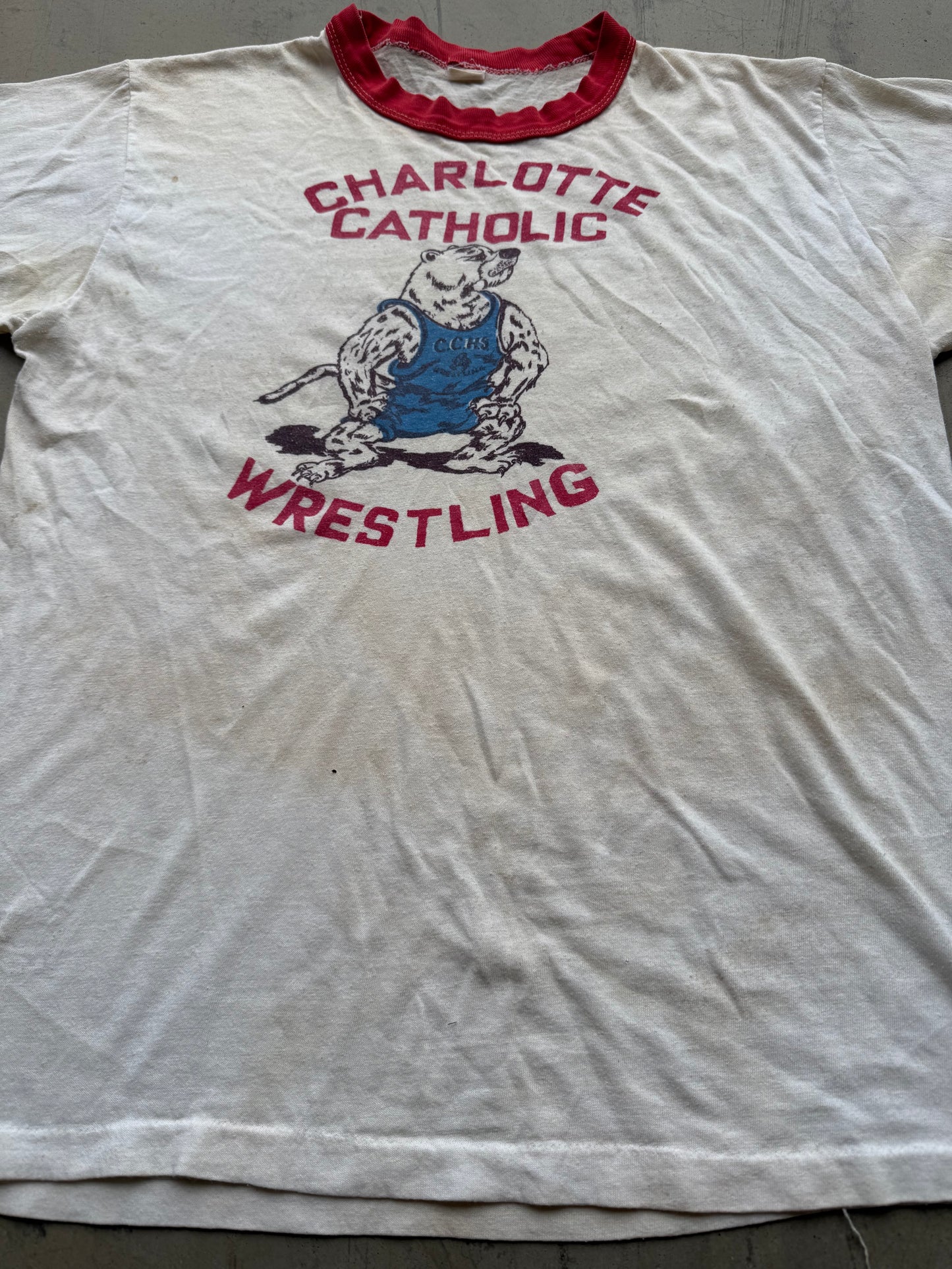 Vintage 70s Charlotte Catholic Wrestling Mascot Ringer Tee ( Medium )