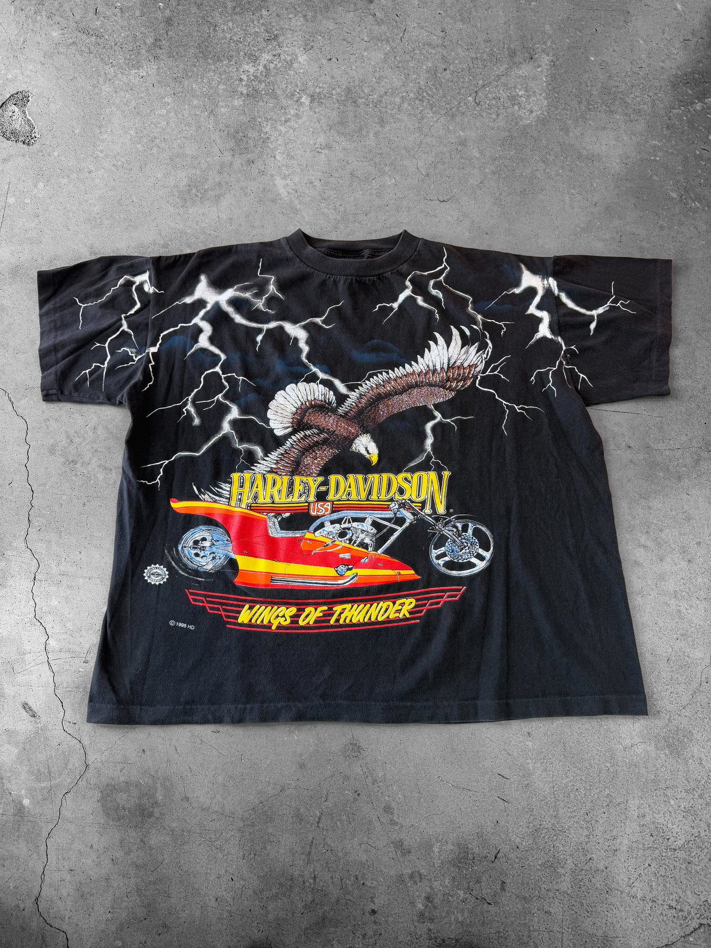 Vintage 1995 Harley Davidson Wings Of Thunder Lightning AOP Tee ( Large )