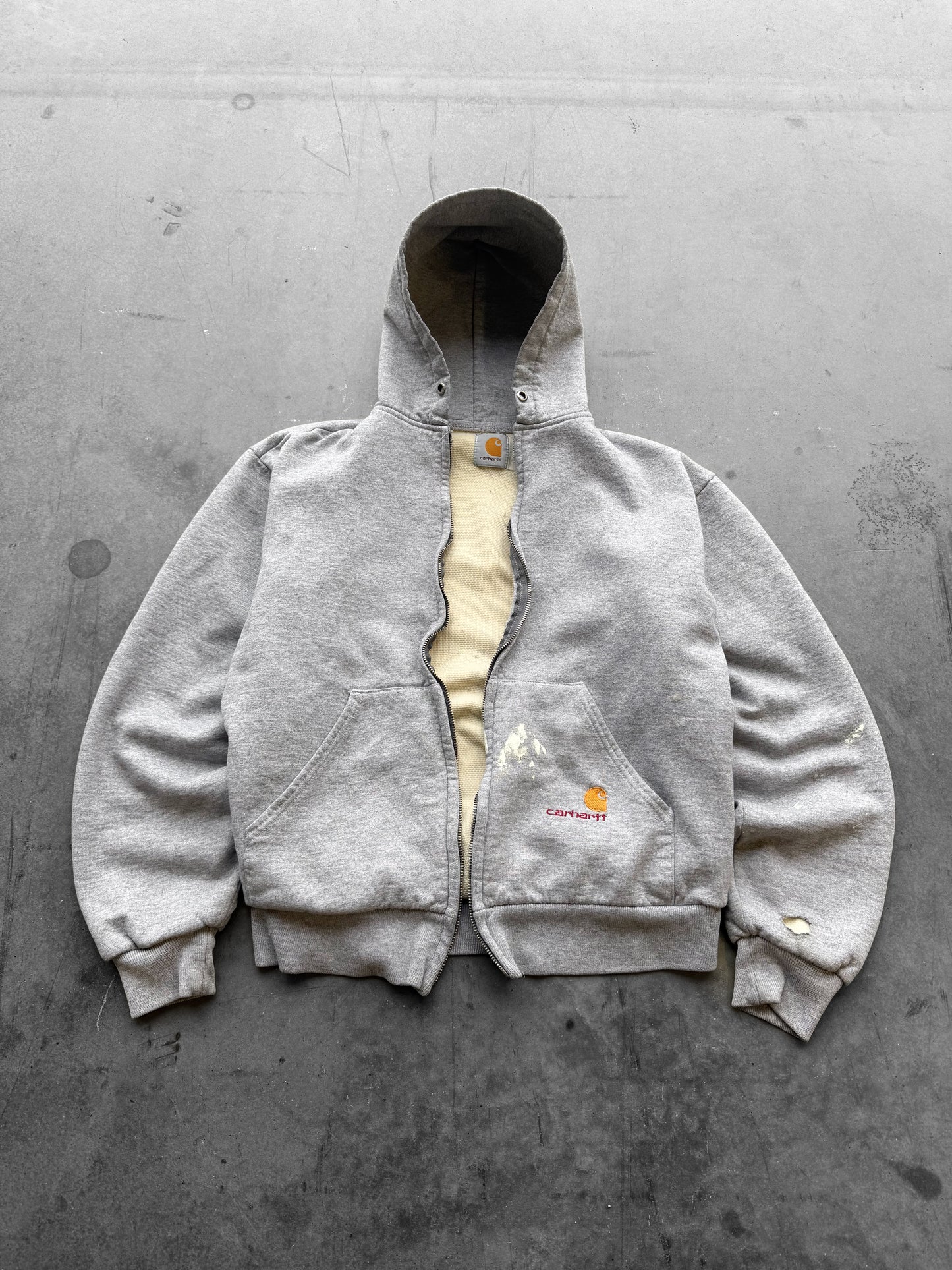 Vintage 1990s Grey Thermal Carhartt Zip Up Hoodie *MISSING ZIPPER * ( Medium )