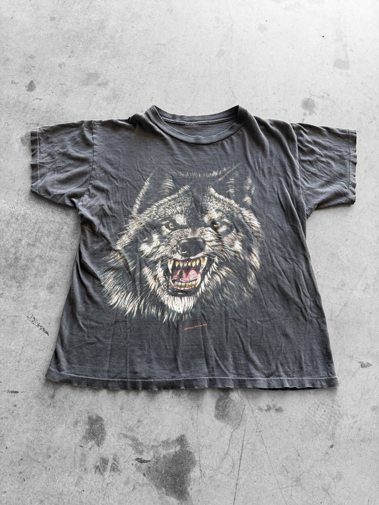 Vintage 1990s Faded Black Big Face Angry Wolf Tee ( Large )