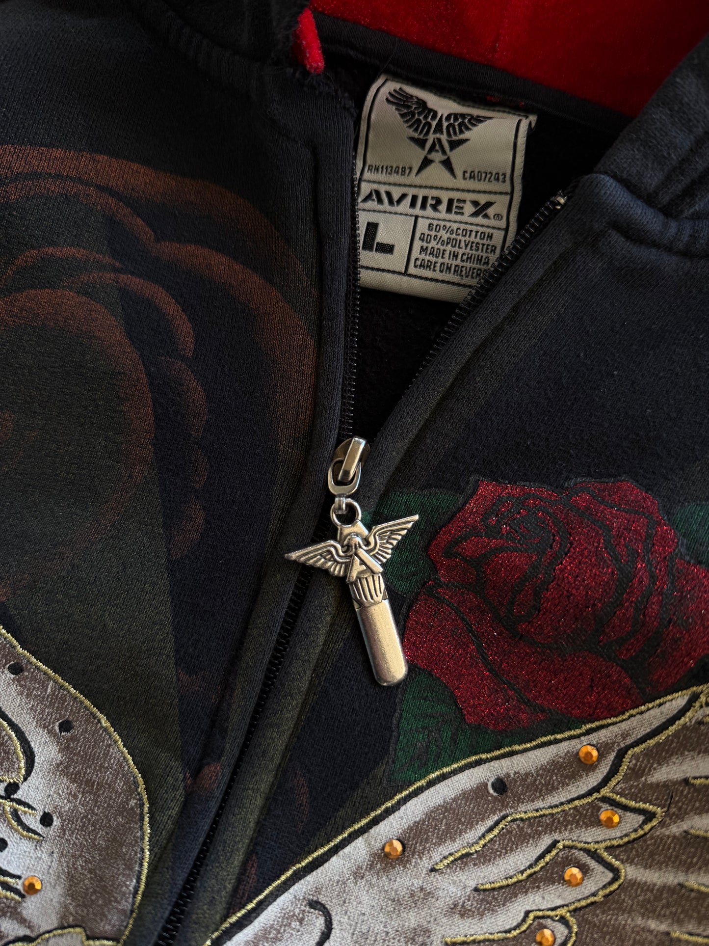 Vintage Y2K Avirex Eagle Rhinestone Zip Up Hoodie ( Large )