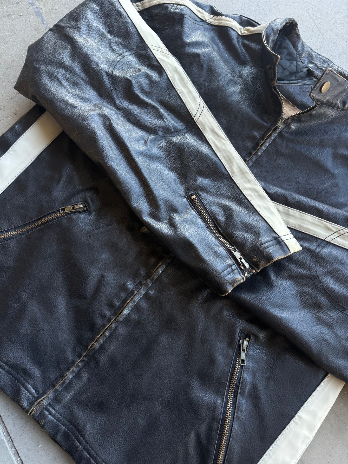 Vintage 2000s Arizona Leather Zip Up Striped Black Jacket ( Large )