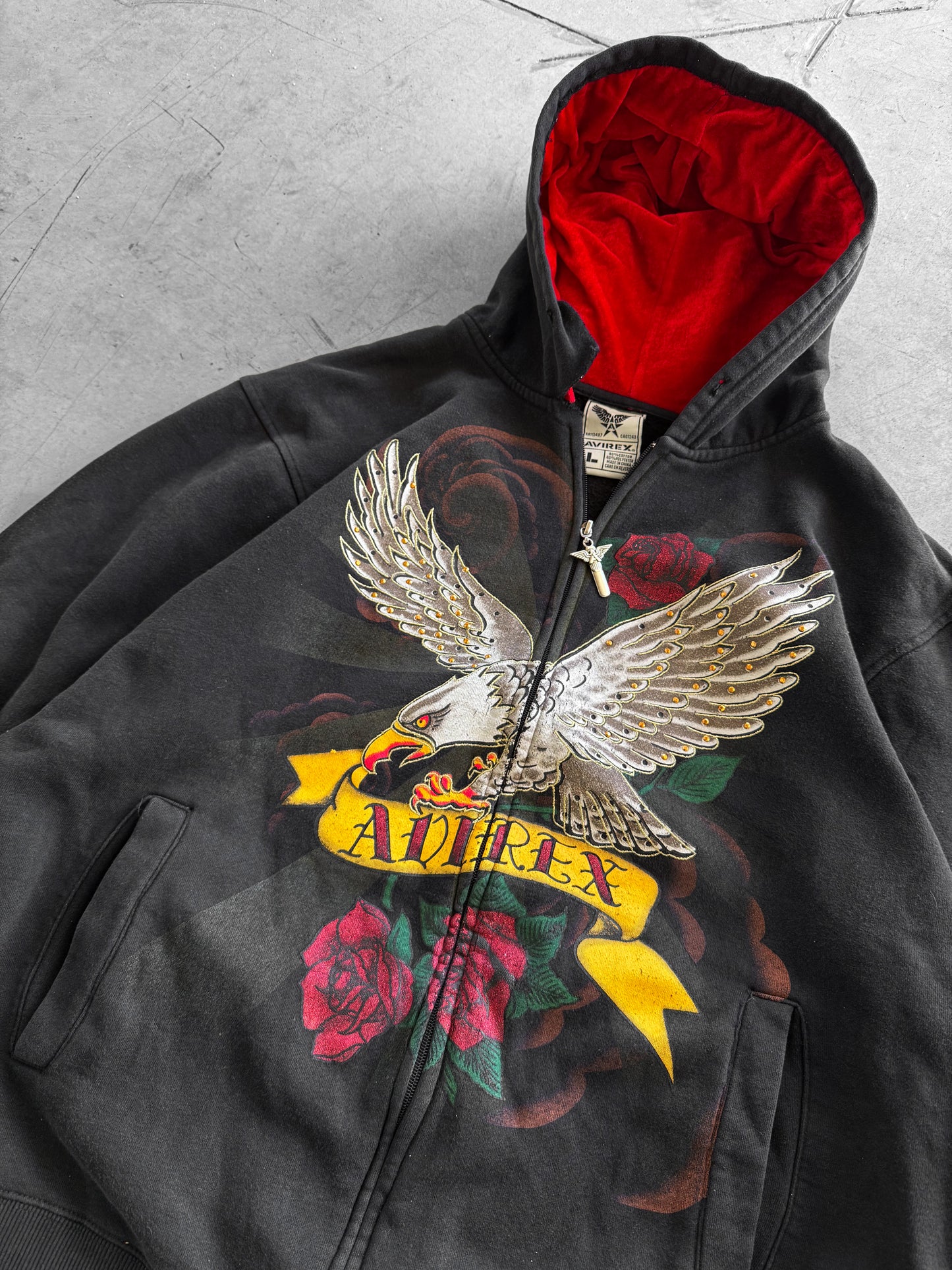 Vintage Y2K Avirex Eagle Rhinestone Zip Up Hoodie ( Large )