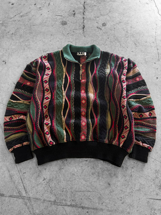 Vintage 1990s MultiColored 3D Knit Quarter Zip Mens Sweater ( Large )
