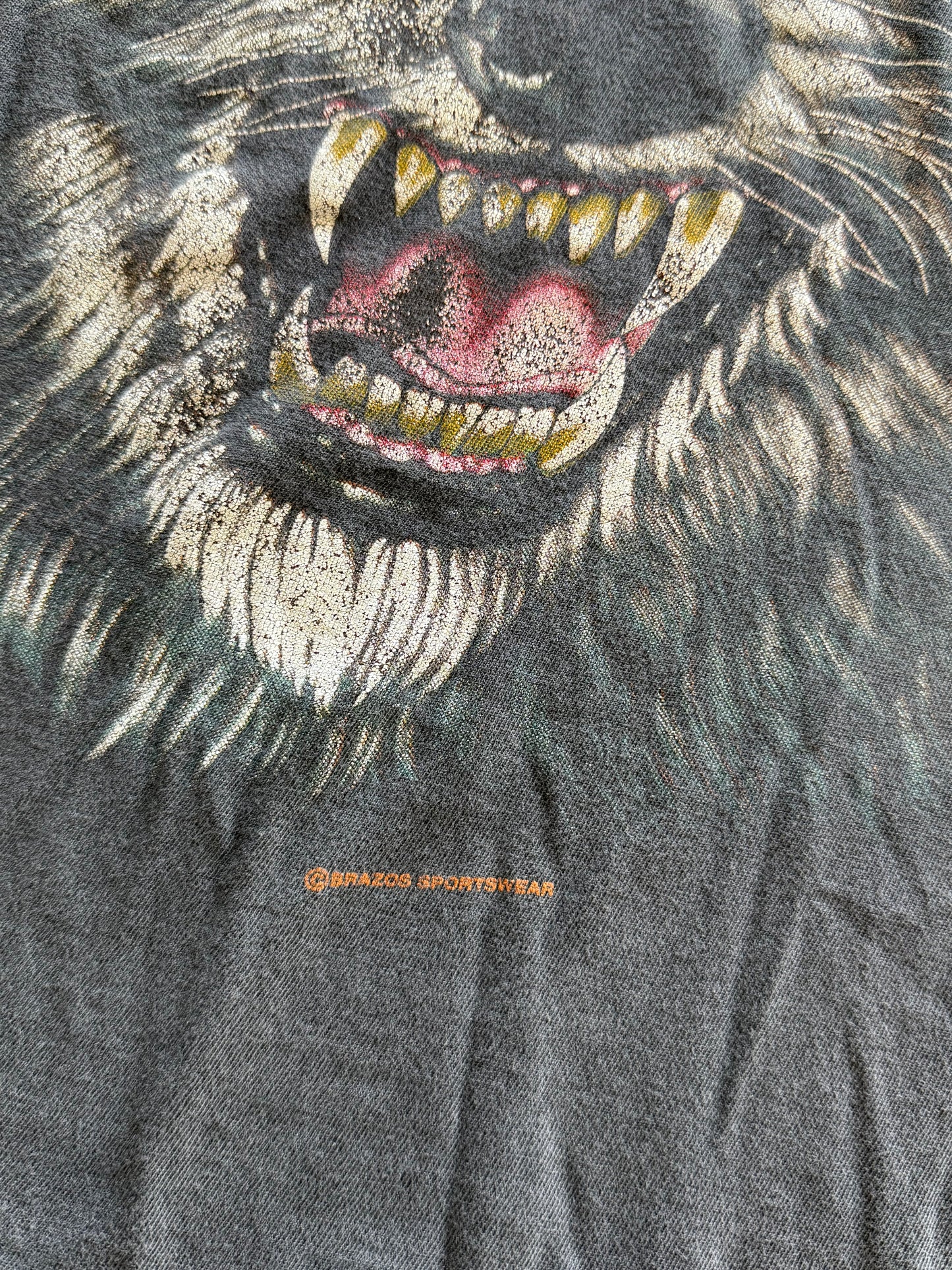 Vintage 1990s Faded Black Big Face Angry Wolf Tee ( Large )