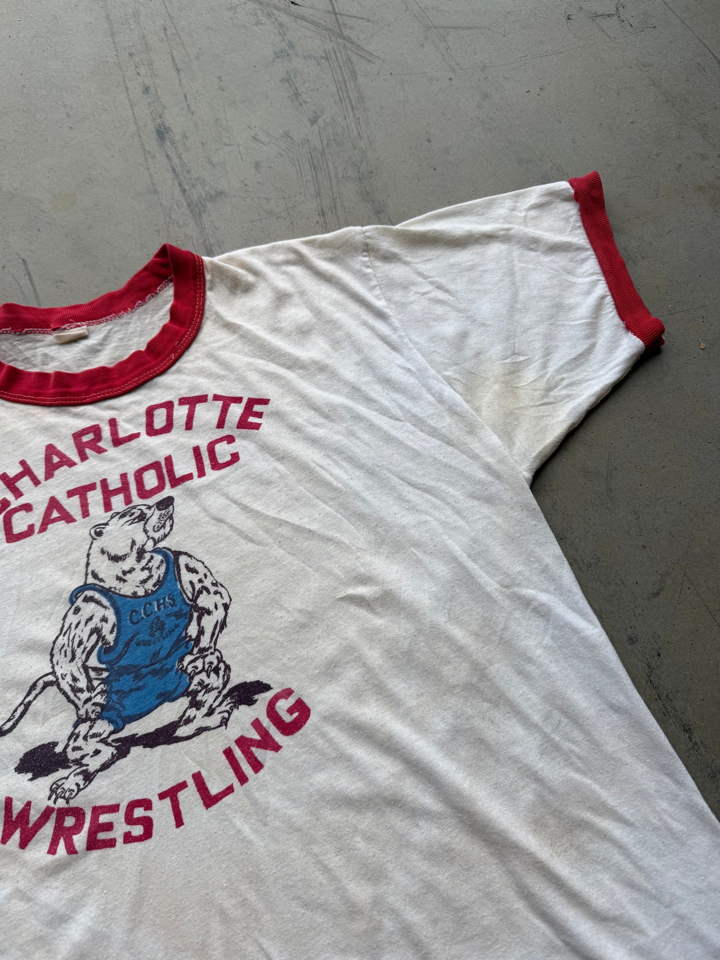 Vintage 70s Charlotte Catholic Wrestling Mascot Ringer Tee ( Medium )