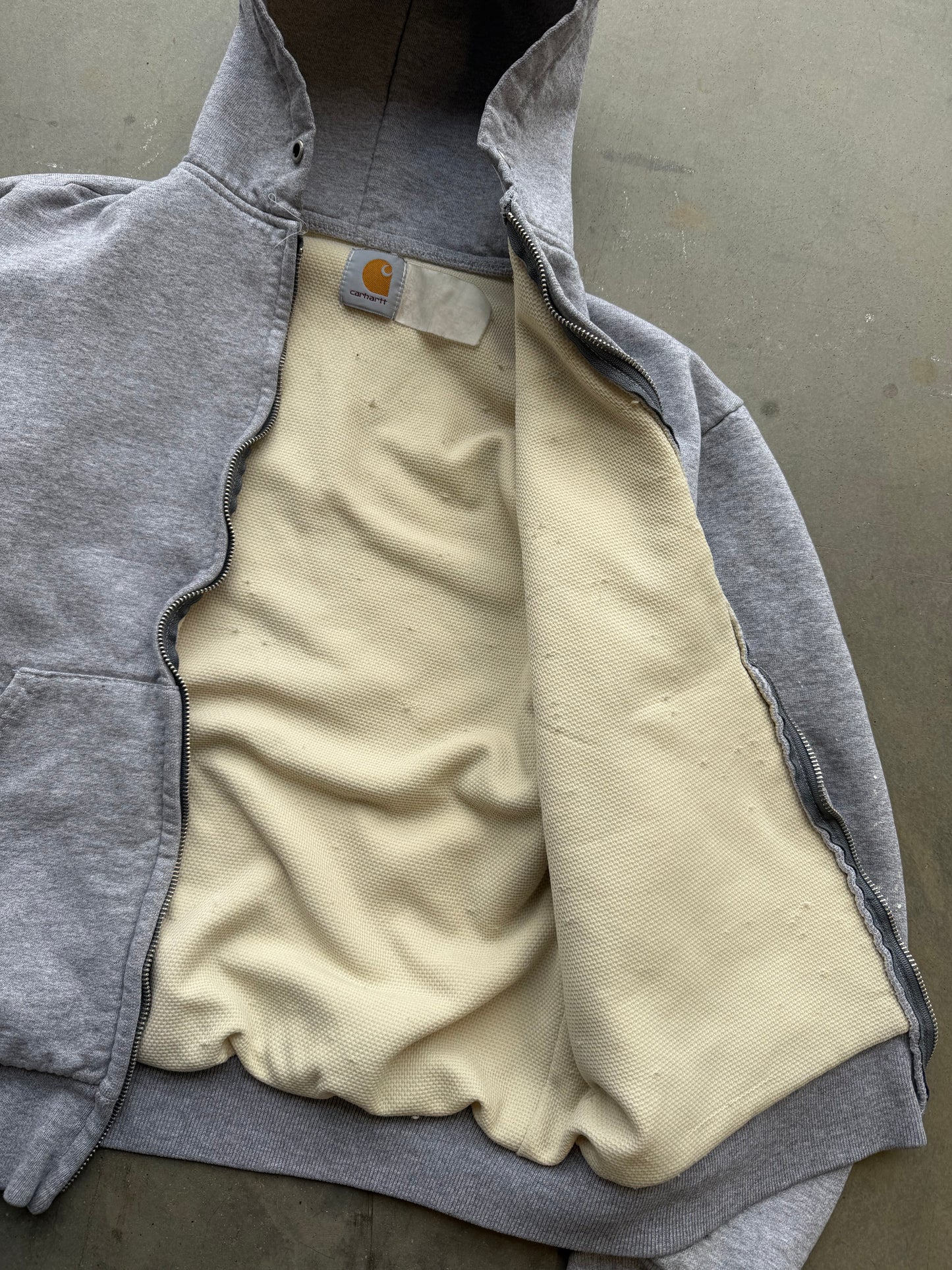 Vintage 1990s Grey Thermal Carhartt Zip Up Hoodie *MISSING ZIPPER * ( Medium )