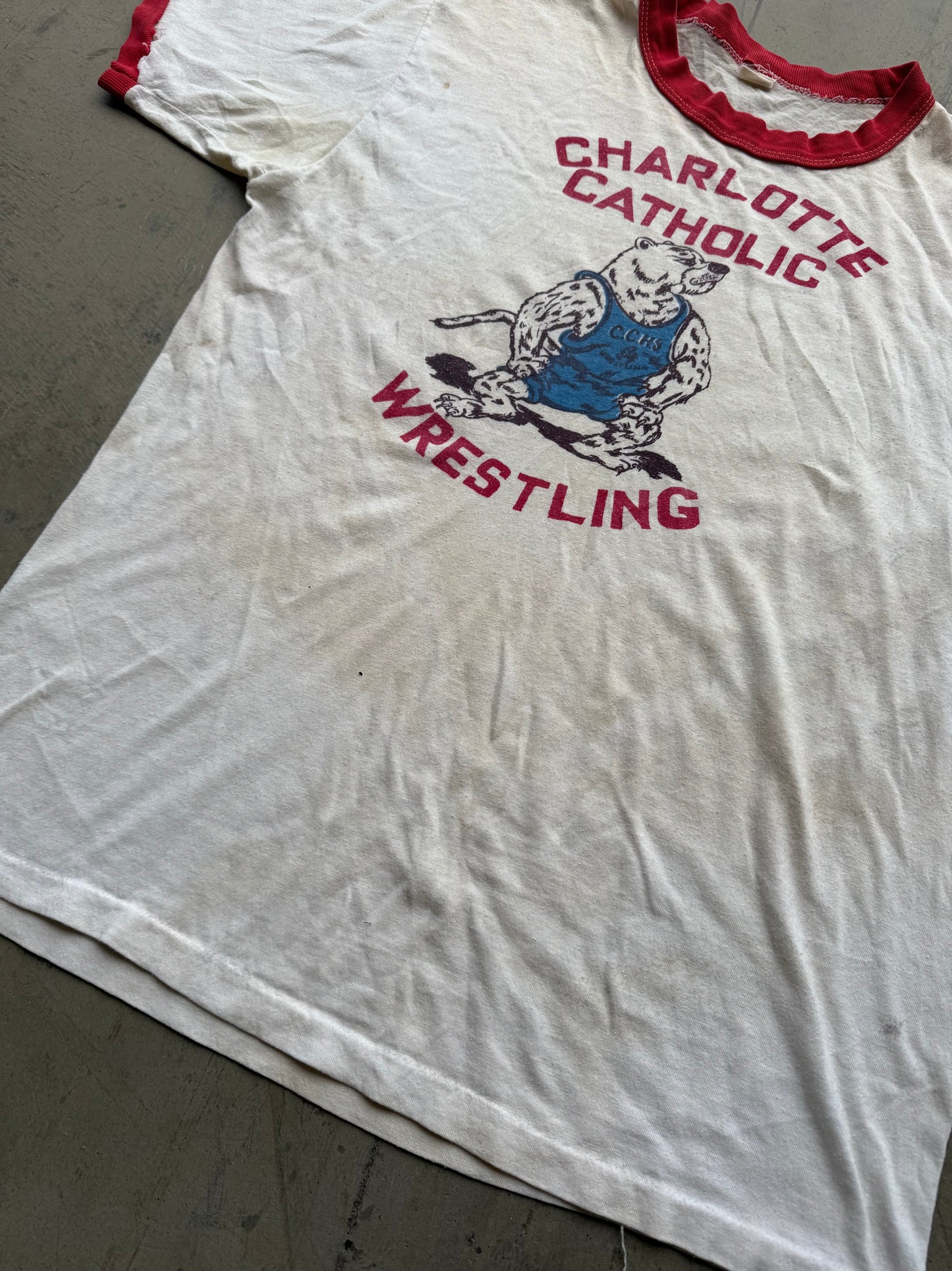 Vintage 70s Charlotte Catholic Wrestling Mascot Ringer Tee ( Medium )