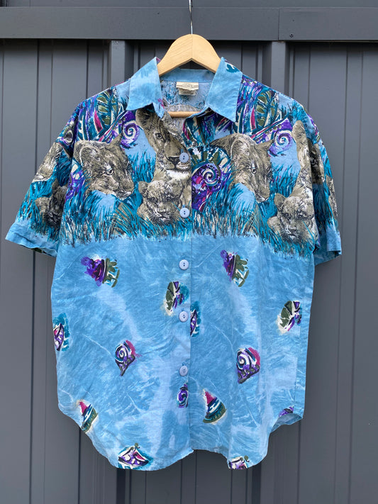 Vintage 90’s Denim Republic Cats Colorful Button Up ( Large )