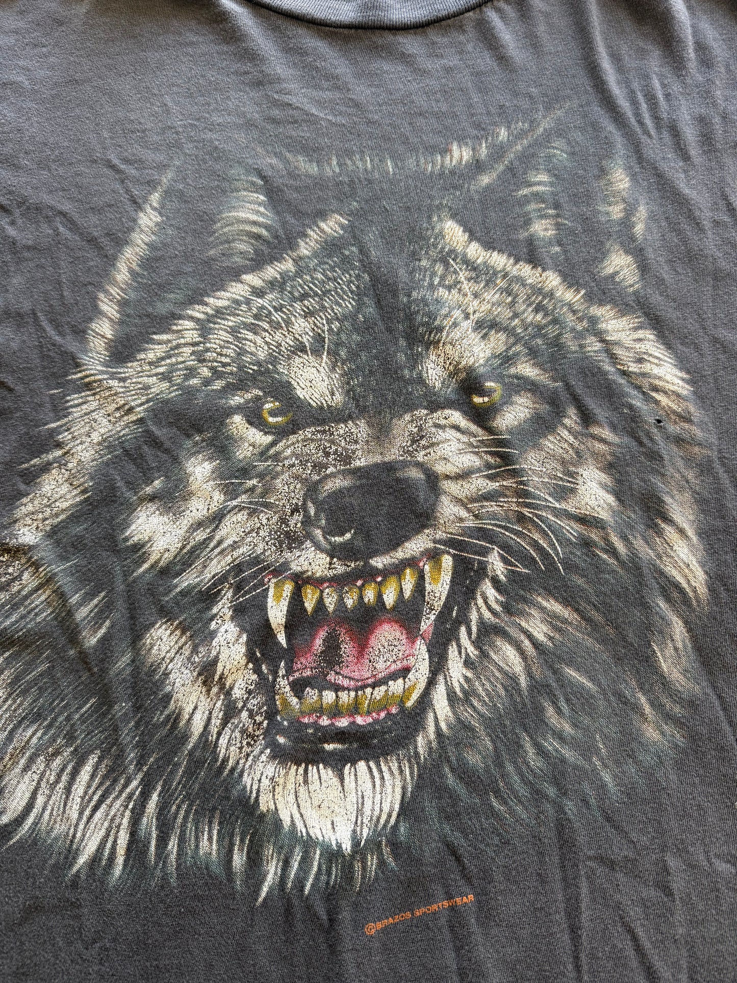 Vintage 1990s Faded Black Big Face Angry Wolf Tee ( Large )
