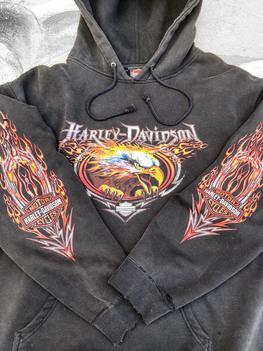 Vintage Early 00’s Flame Sleeve Faded Harley Davidson Hoodie ( Med )