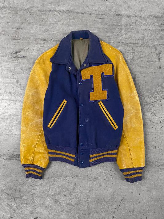 Vintage 70’s Letterman “T” Gold & Navy Jacket ( Fits M / L )