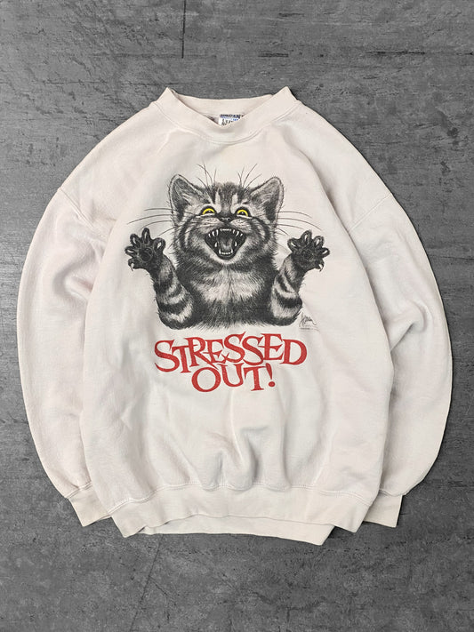 Vintage 90’s Stressed Out Cat White Crewneck ( Large )