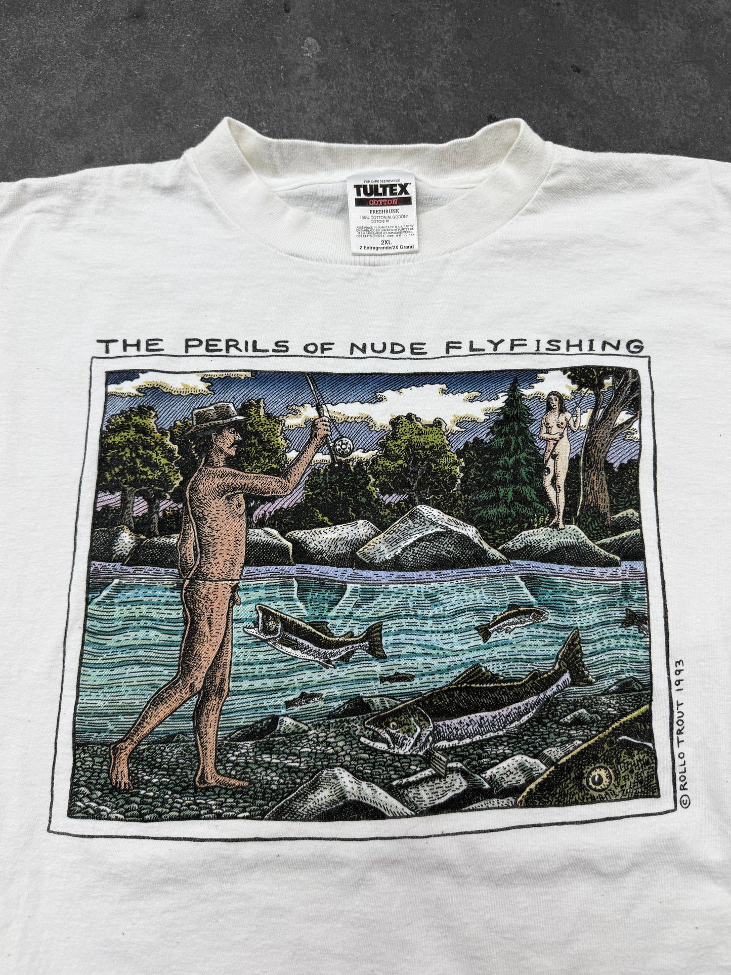 Vintage 90s Nude Fly fishing Art Tee ( XXL )